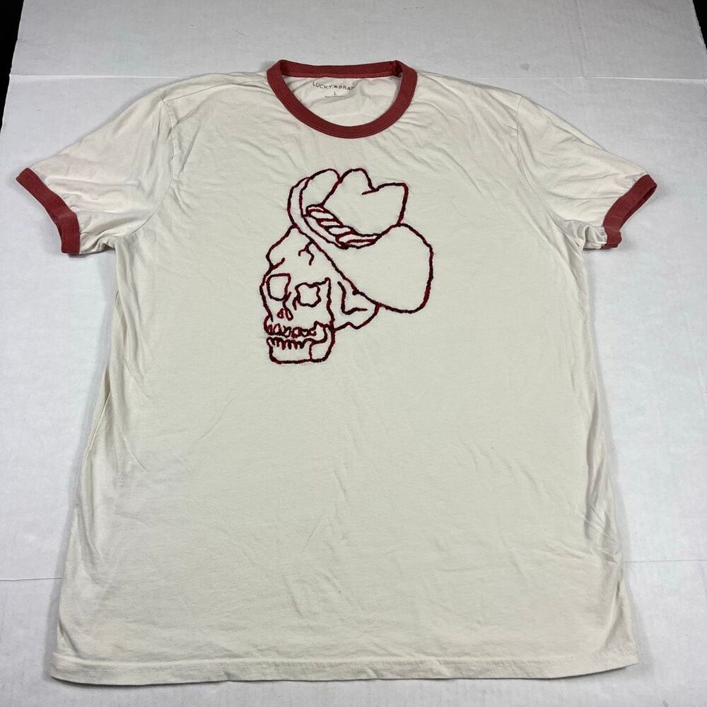 Lucky Brand Mens Western Skull Graphic Ringer T-Shirt Short Sleeve Soft Tee L